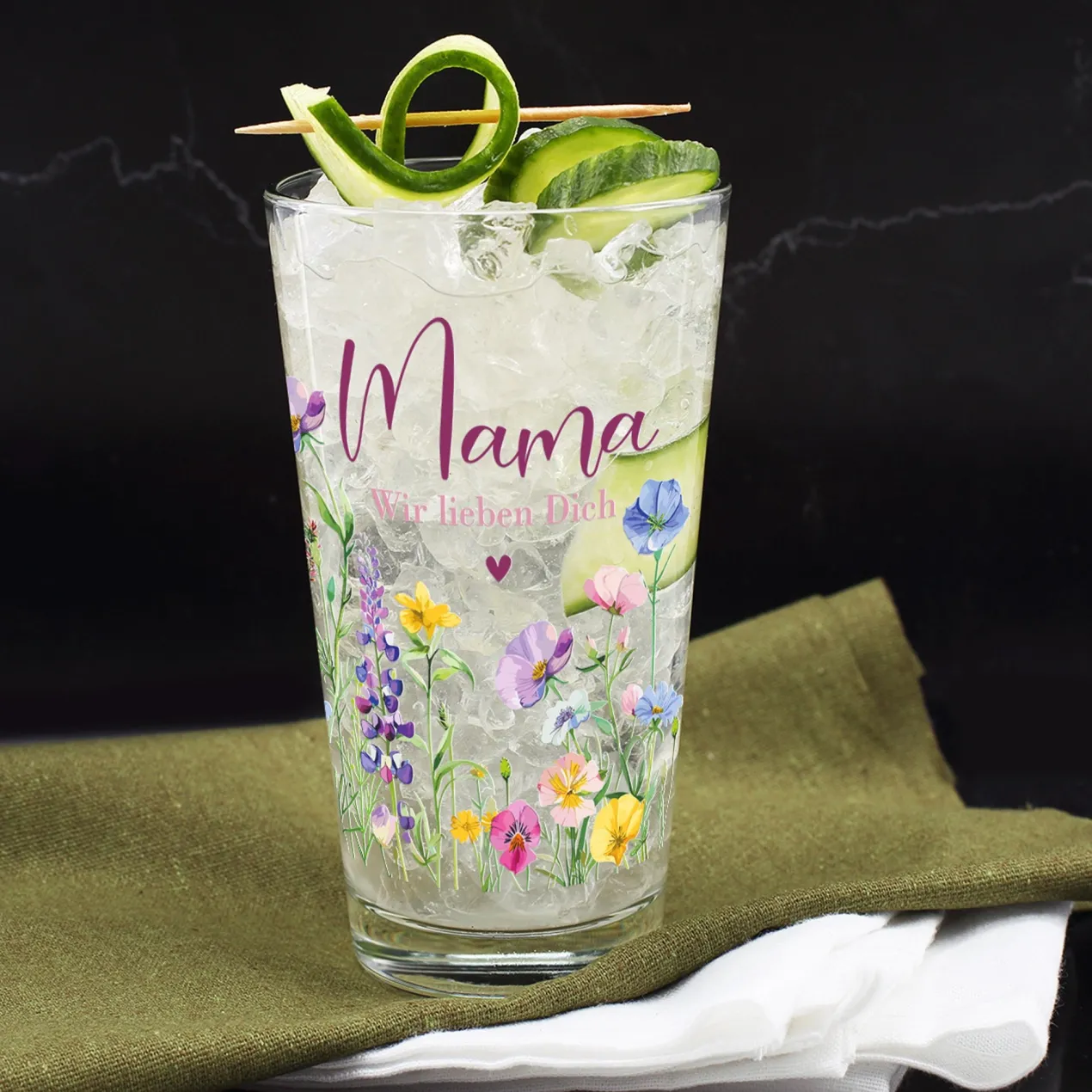 Trinkglas für Mama mit eigener Botschaft personalisierbar | Blumen-Motiv