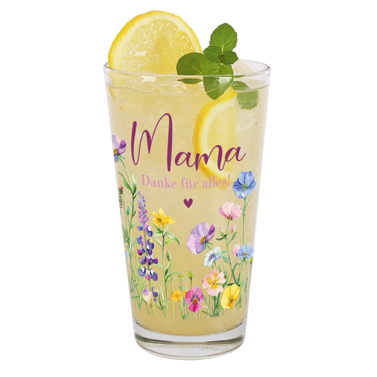 Trinkglas für Mama mit eigener Botschaft personalisierbar | Blumen-Motiv
