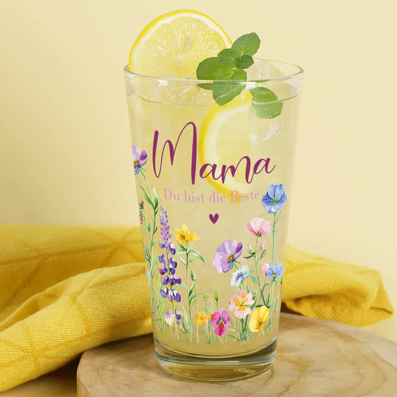 Trinkglas für Mama mit eigener Botschaft personalisierbar | Blumen-Motiv