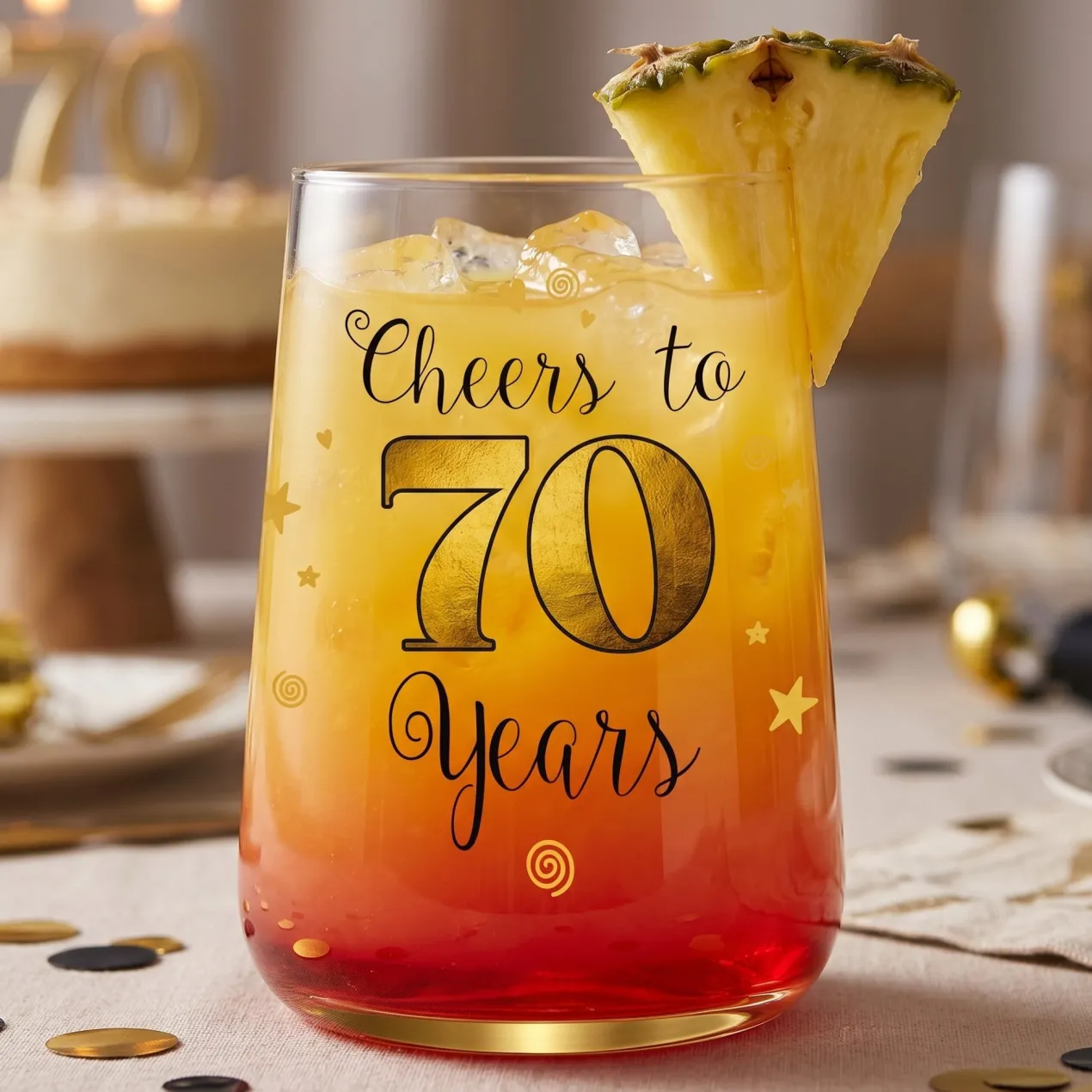 Trinkglas mit Aufdruck 'Cheers' zum 70. Geburtstag | 430 ml Glas als Geburtstagsgeschenk