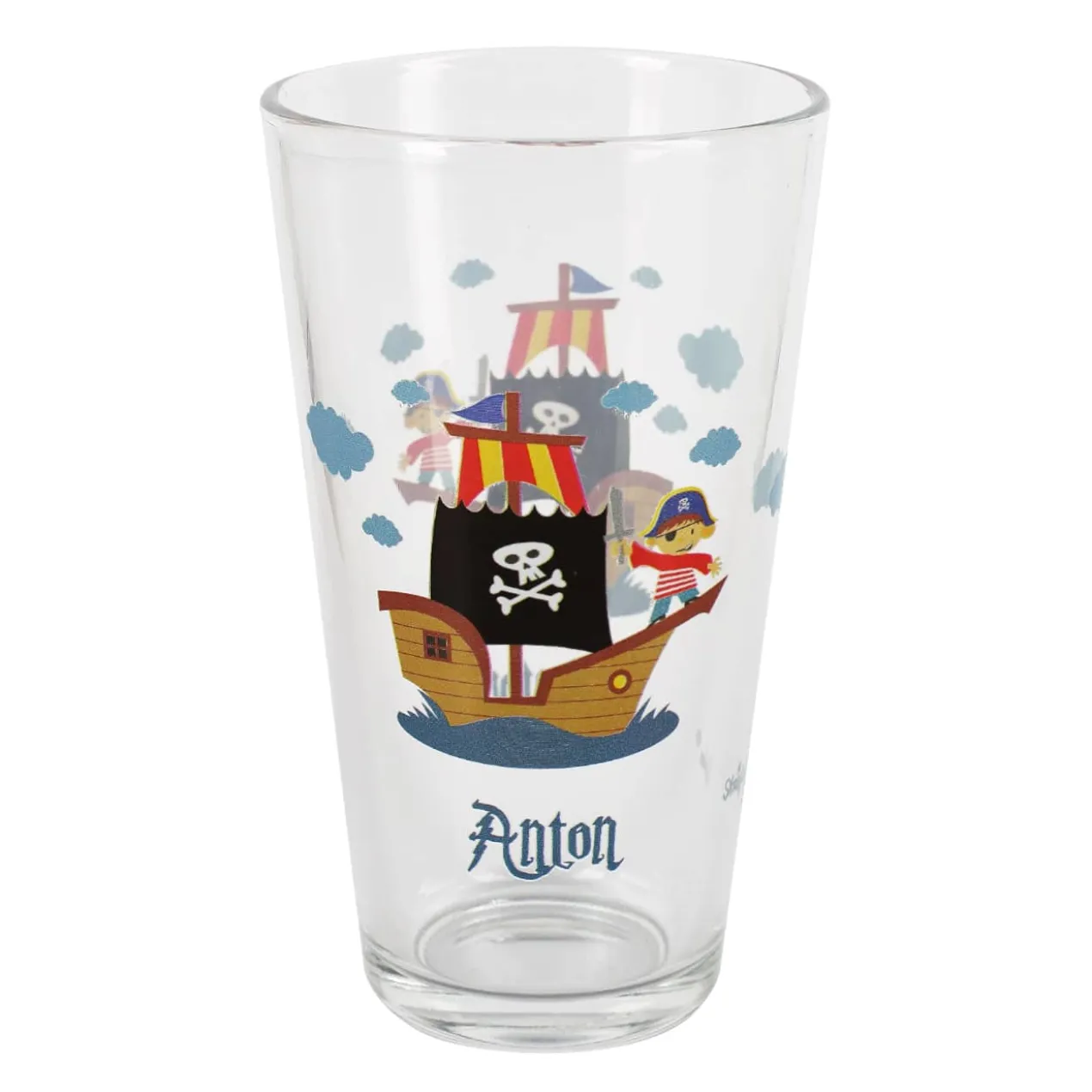 Trinkglas mit Piratenschiff und Name bedruckt