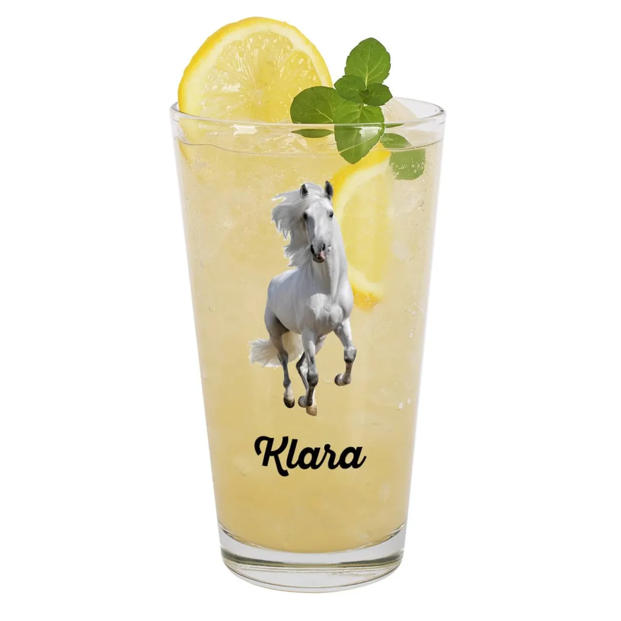 Trinkglas mit weißem Pferd und Name