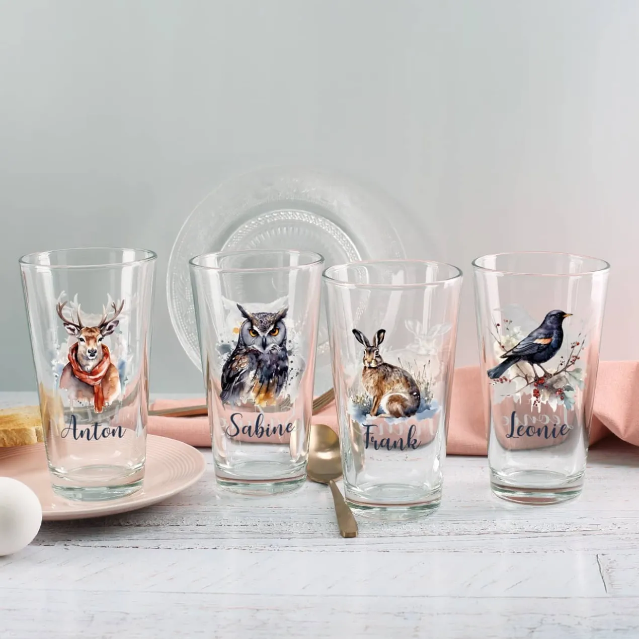 Trinkglas mit Wintertieren und Name, 4 Motive zur Auswahl