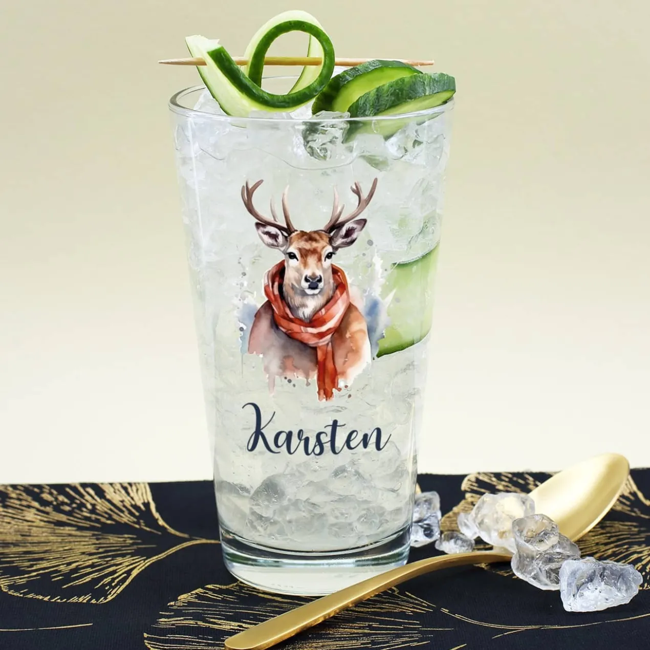 Trinkglas mit Wintertieren und Name, 4 Motive zur Auswahl