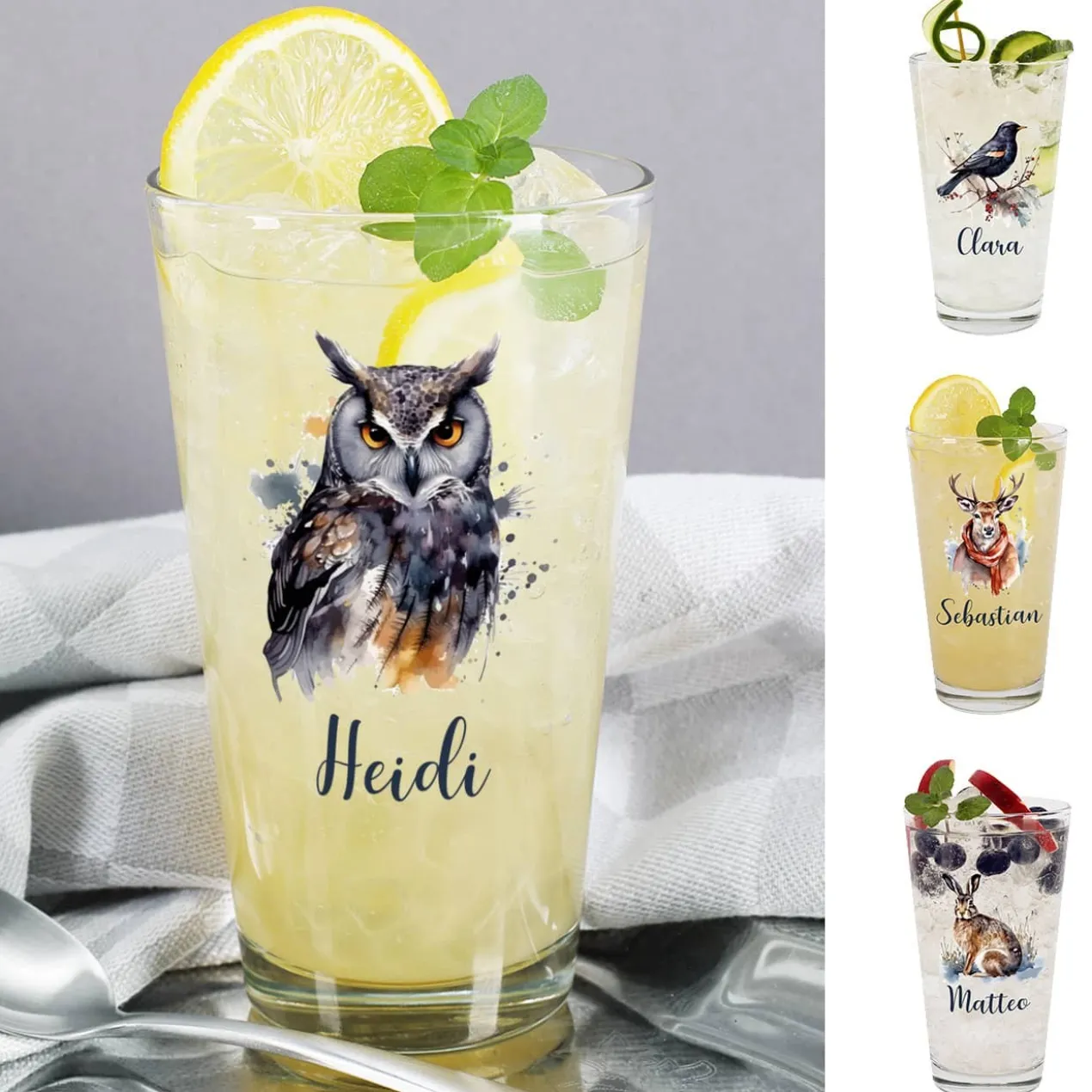 Trinkglas mit Wintertieren und Name, 4 Motive zur Auswahl