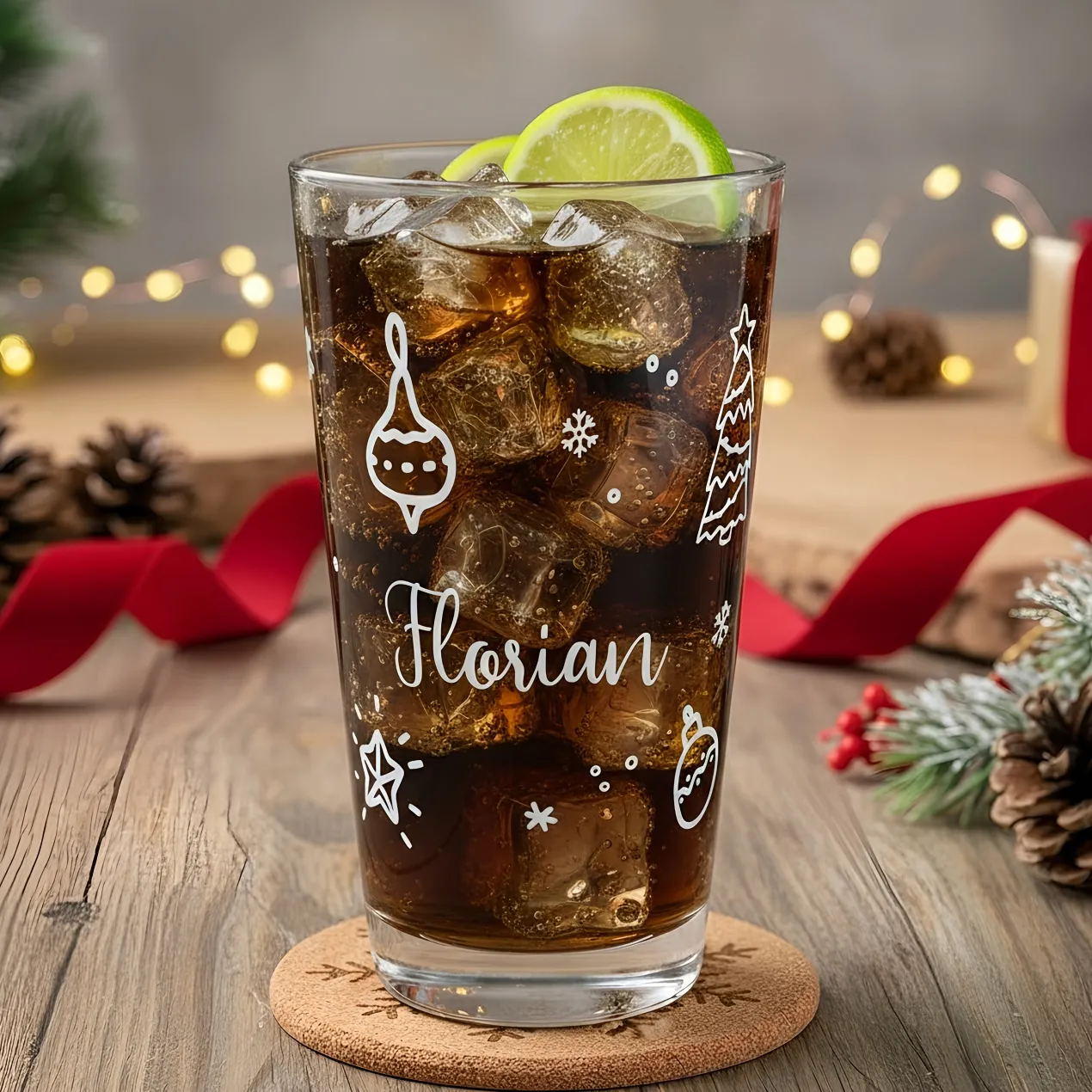 Trinkglas personalisiert mit Name und weihnachtlichen Ornamenten | Geschenk zu Weihnachten | 300 ml