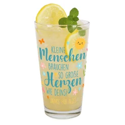 Trinkglas zum Abschied für Erzieher "Kleine Menschen, große Herzen" mit Wunschtext und Frühlingsmotiv