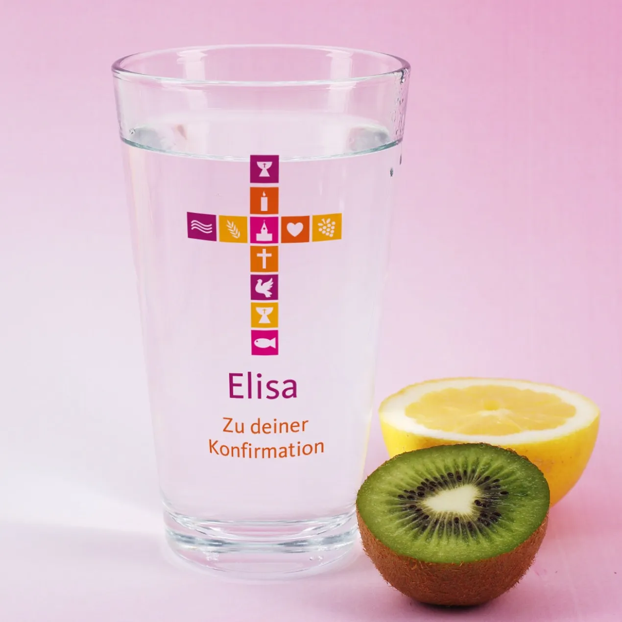 Trinkglas zur Kommunion oder Konfirmation mit Kreuz, Name und Wunschtext