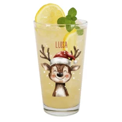 Trinkglas zu Weihnachten mit niedlichem Rentiermotiv & Name personalisiert | Leonardo Glas