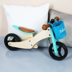 Türkises Laufrad-Trike aus Holz 2-in-1 mit Namensaufdruck