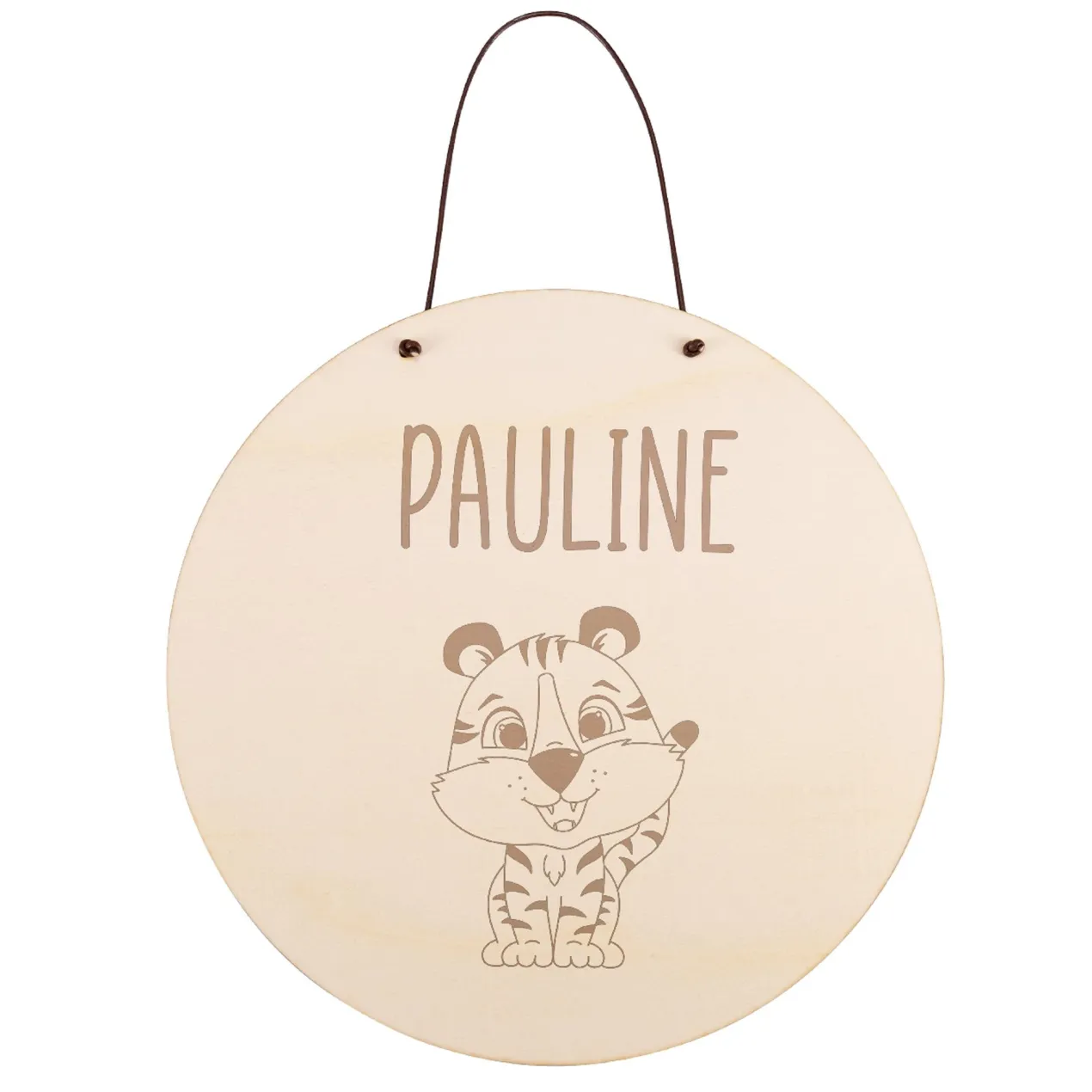 Türschild aus Holz mit Tiger-Motiv und Wunschname fürs Kinderzimmer