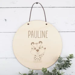 Türschild aus Holz mit Tiger-Motiv und Wunschname fürs Kinderzimmer