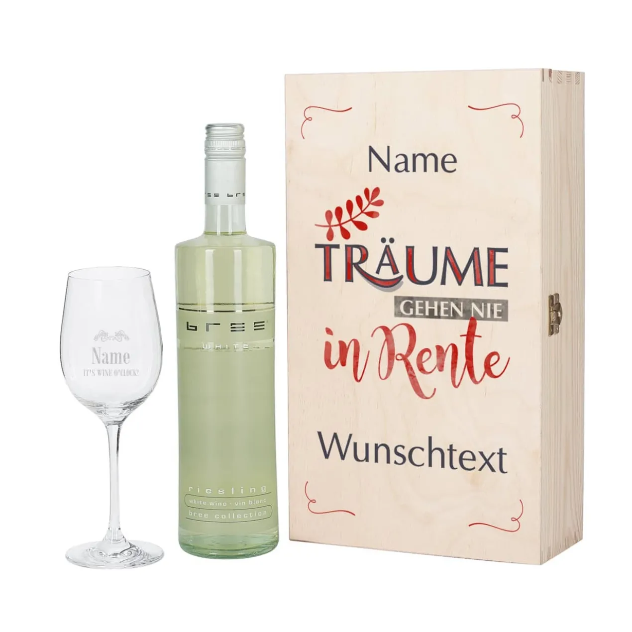 Träume gehen nie in Rente - Wein-Set mit graviertem Glas