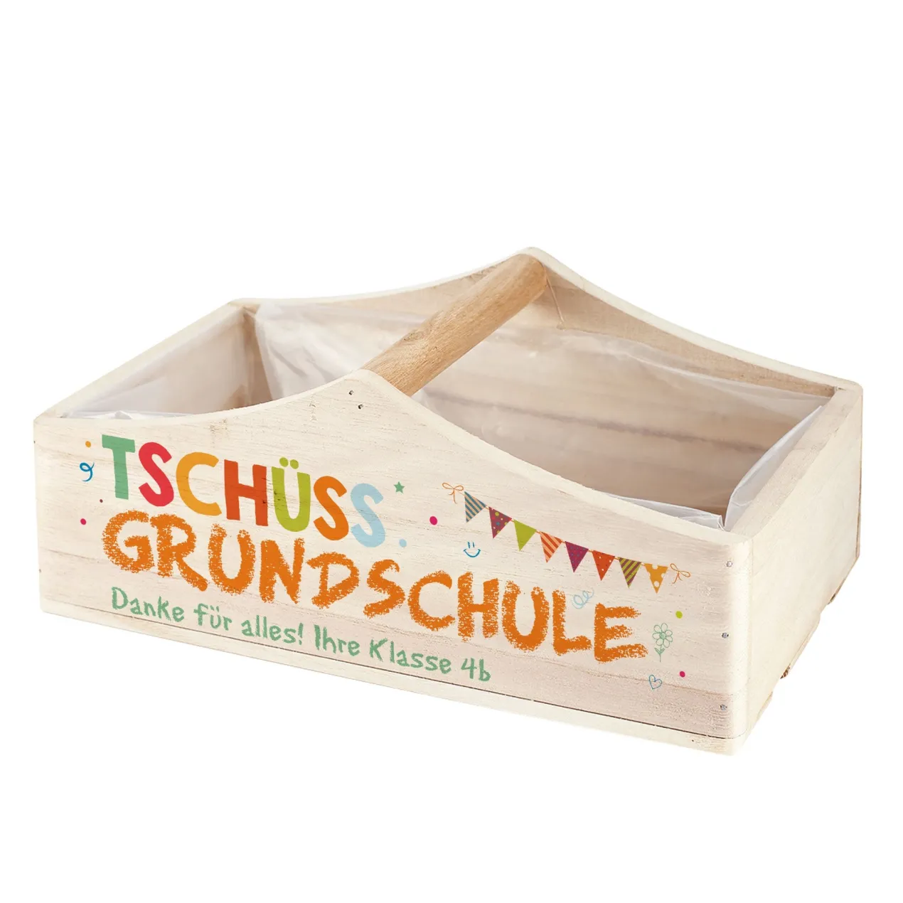 Tschüss Grundschule - Präsentkorb Pflanzkiste als Abschiedsgeschenk für Lehrer