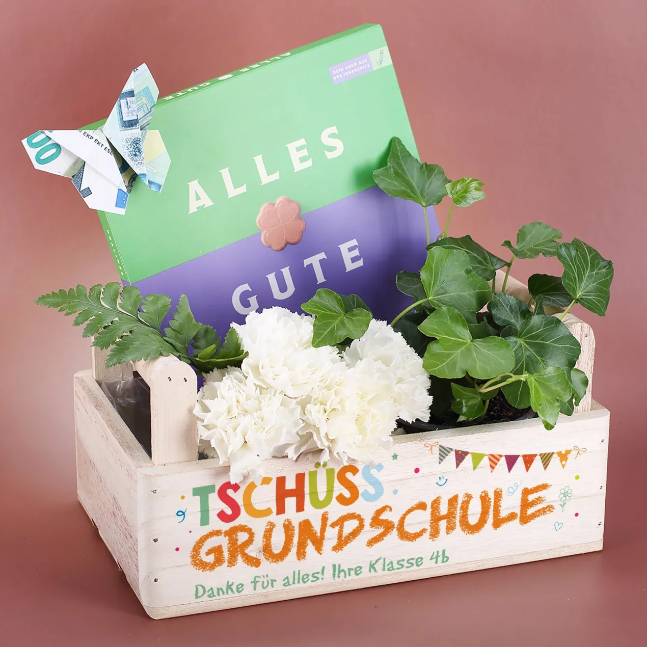 Tschüss Grundschule - Präsentkorb Pflanzkiste als Abschiedsgeschenk für Lehrer