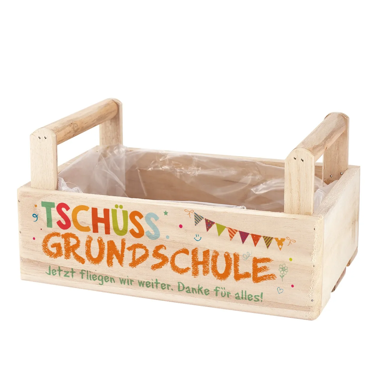 Tschüss Grundschule - Präsentkorb Pflanzkiste als Abschiedsgeschenk für Lehrer