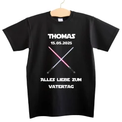 T-Shirt für Papas zum Vatertag o. Geburtstag mit Lichtschwert Motiv | Personalisiert | Schwarz