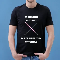 T-Shirt für Papas zum Vatertag o. Geburtstag mit Lichtschwert Motiv | Personalisiert | Schwarz