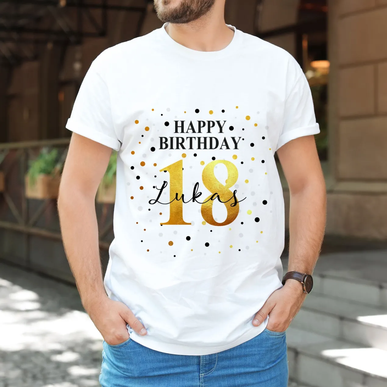 T-Shirt mit Geburtstags-Motiv personalisiert mit Alter & Name | Happy Birthday