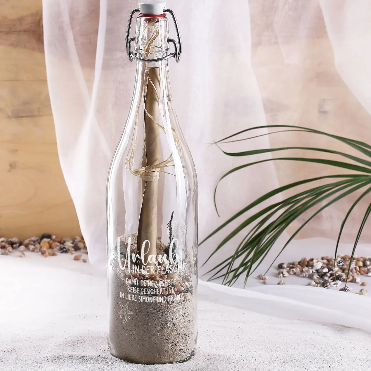 Urlaub in der Flasche - gefüllte Flaschenpost mit Wunschtext personalisiert
