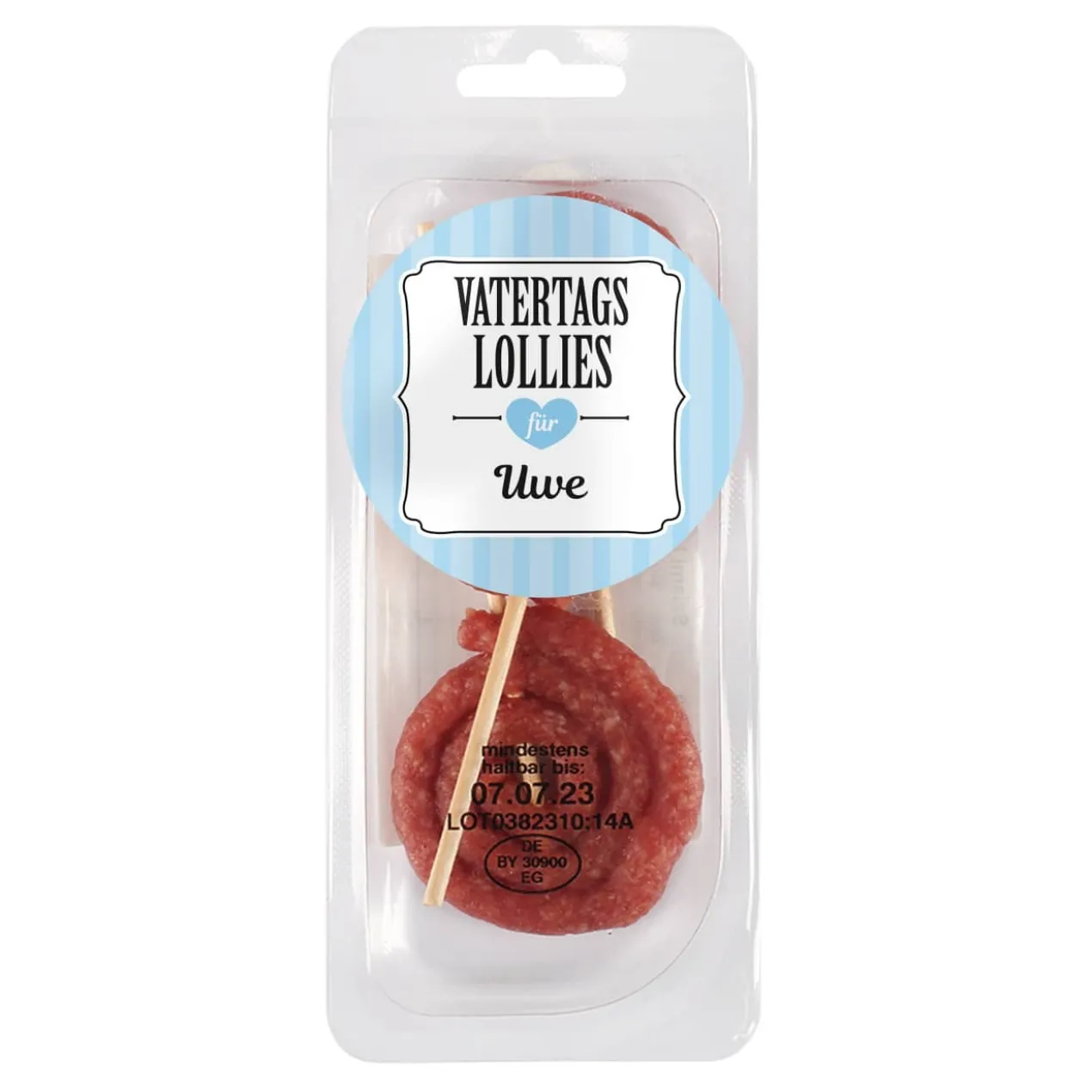 Vatertagssnack Mini Salamiherzen oder Lollies mit Name auf dem Etikett