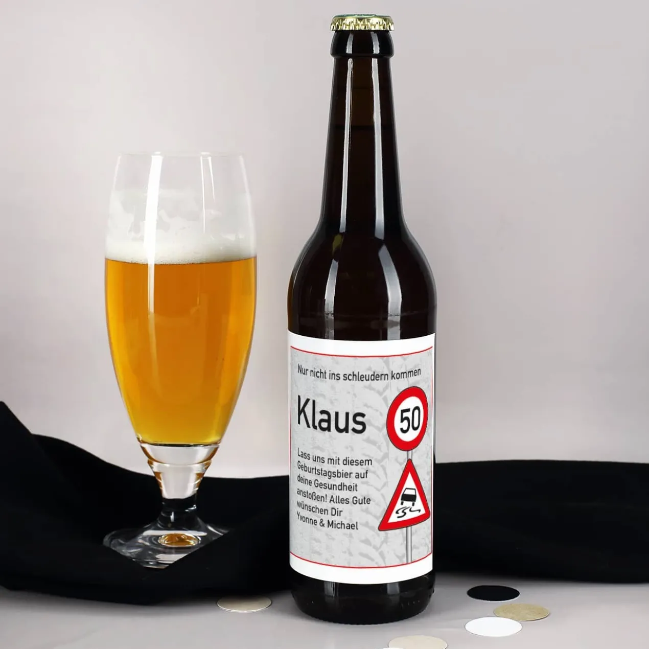 Verkehrszeichen Bieraufkleber zum Geburtstag mit Wunschname, Alter und Text