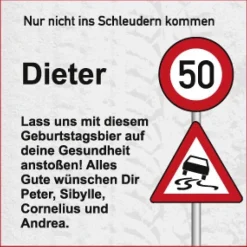 Verkehrszeichen Bieraufkleber zum Geburtstag mit Wunschname, Alter und Text