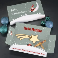 Verpackung für Geldgeschenke zu Weihnachten mit Holz-Sternschnuppe & Klammer