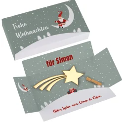 Verpackung für Geldgeschenke zu Weihnachten mit Holz-Sternschnuppe & Klammer