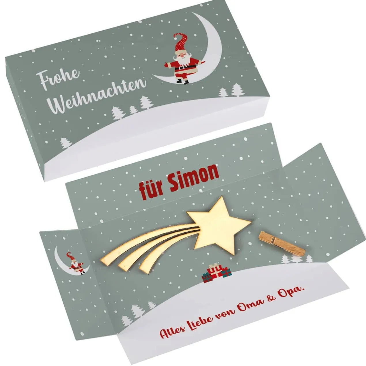 Verpackung für Geldgeschenke zu Weihnachten mit Holz-Sternschnuppe & Klammer