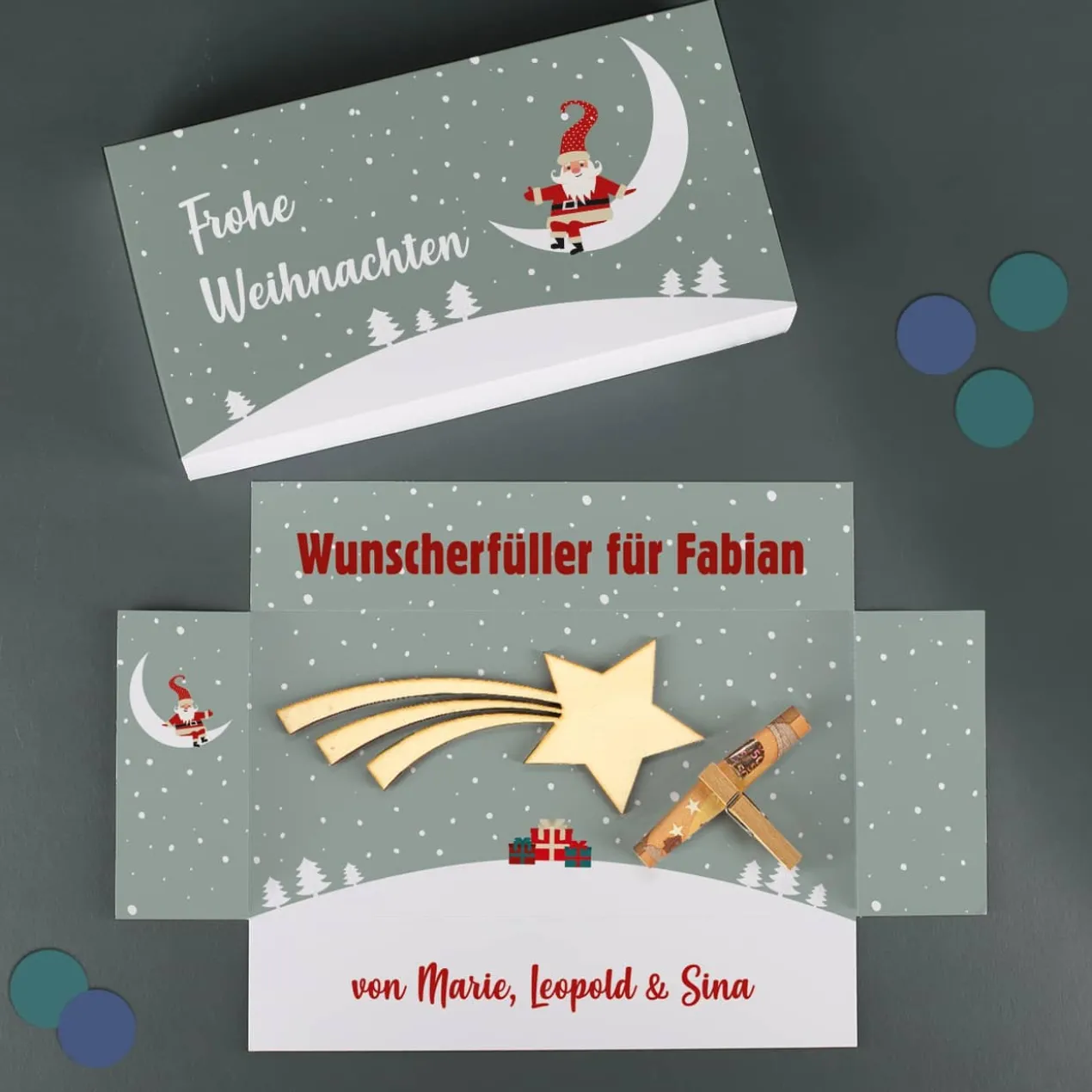 Verpackung für Geldgeschenke zu Weihnachten mit Holz-Sternschnuppe & Klammer