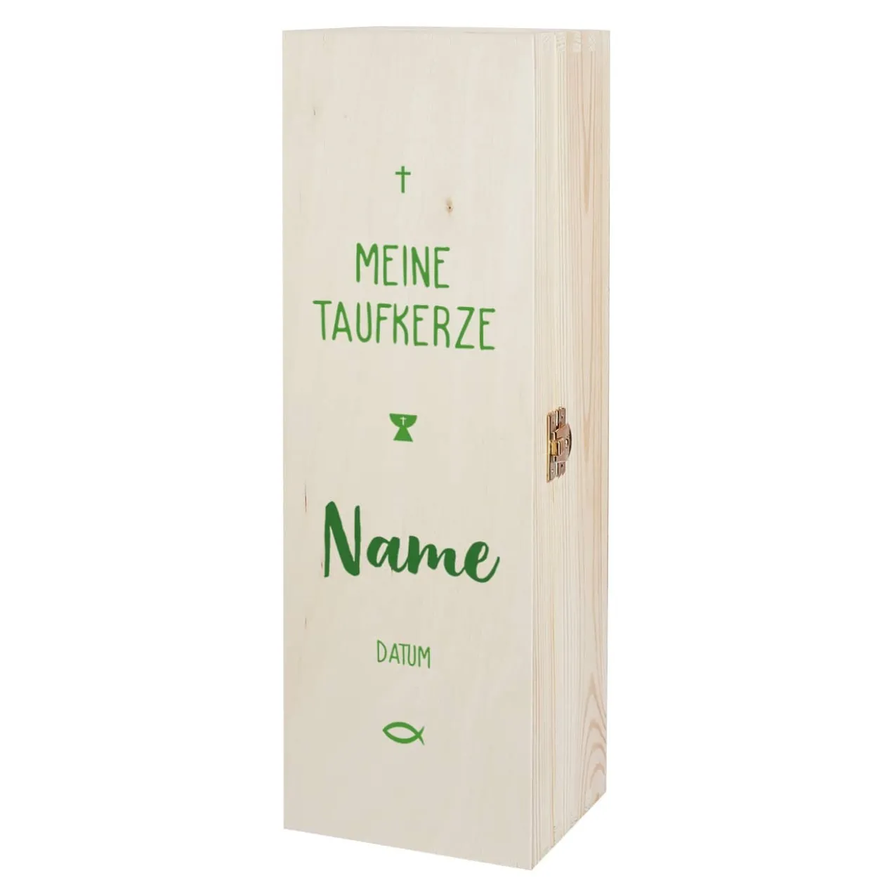 Verpackung für Taufkerzen - Holzbox mit Name und Datum in drei Farben zur Auswahl