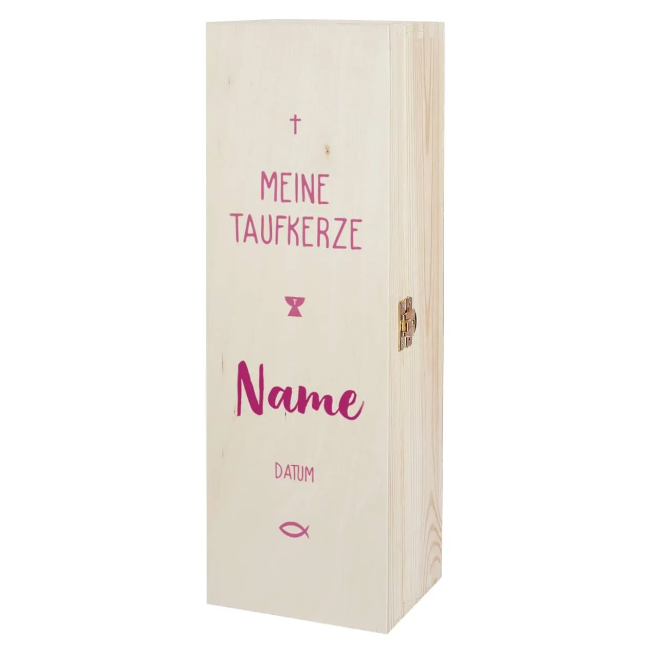 Verpackung für Taufkerzen - Holzbox mit Name und Datum in drei Farben zur Auswahl