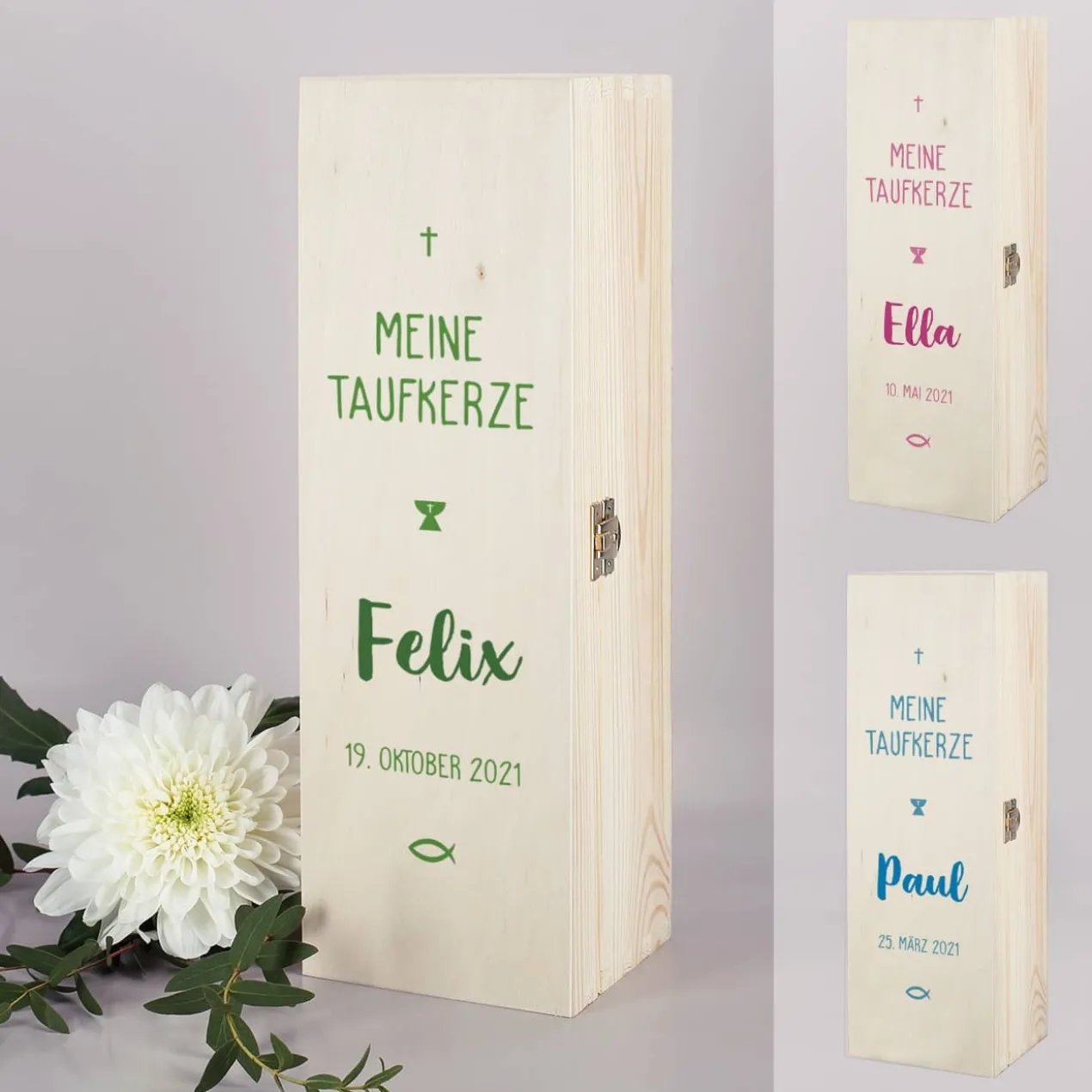 Verpackung für Taufkerzen - Holzbox mit Name und Datum in drei Farben zur Auswahl