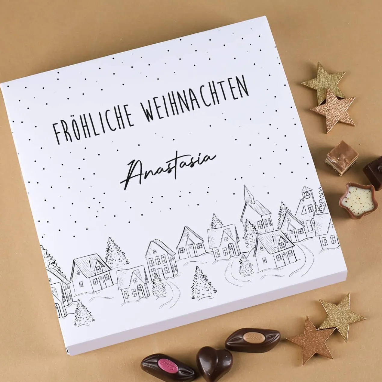 - verschneite Stadt - Alkoholfreie Lindt Pralinenschachtel mit 32 Lindt Pralinen für klein und groß