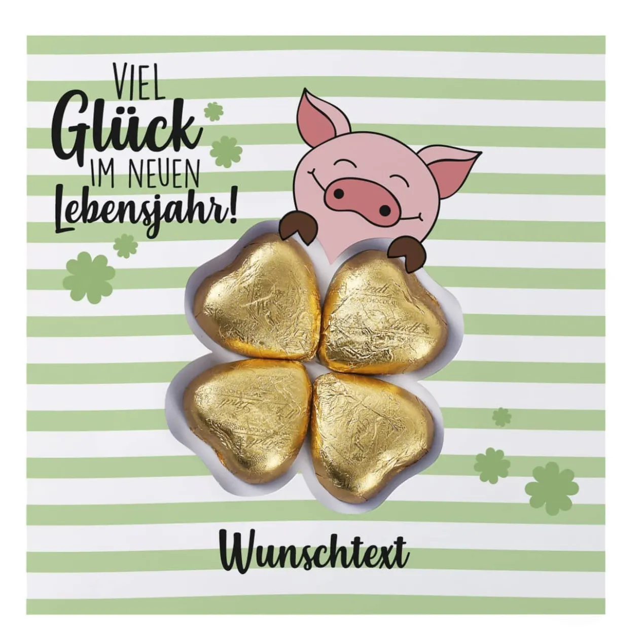 Viel Glück - Geburtstagskarte mit Schoko-Kleeblatt und Ihrem Wunschnamen