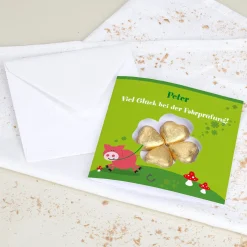 Viel Glück - Karte mit Lindt Schokoladen-Kleeblatt und Wunschtext