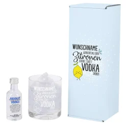 Vodka Lemon Geschenk-Set mit graviertem Glas und 1 kleine Flasche Absolut Vodka