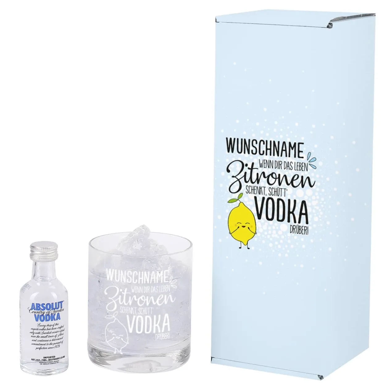 Vodka Lemon Geschenk-Set mit graviertem Glas und 1 kleine Flasche Absolut Vodka