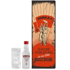 Vodka Smirnoff mit graviertem Vodkaglas in bedruckter Geschenkverpackung