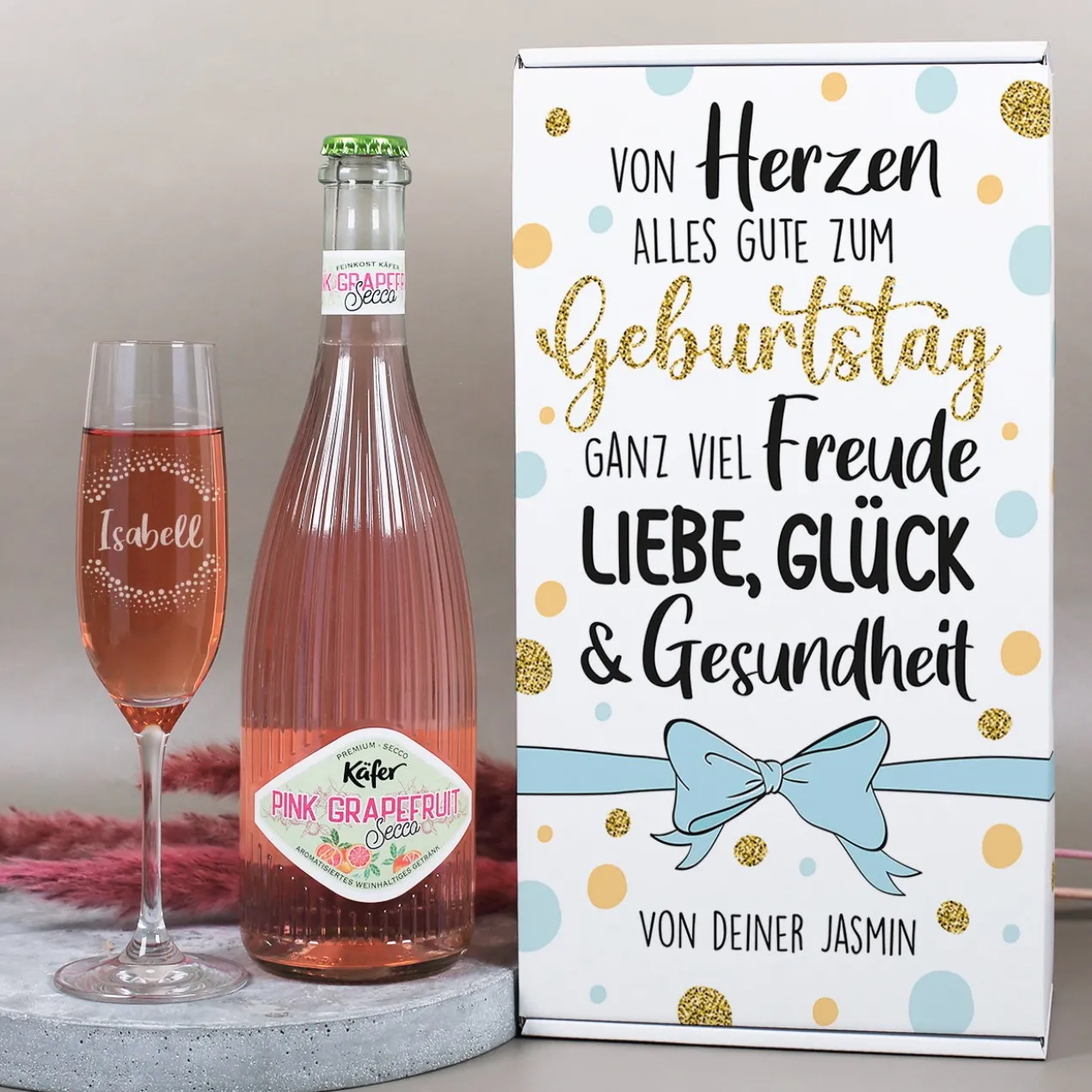 Von Herzen alles Gute - Geschenkset zum Geburtstag mit Sektglas und Secco