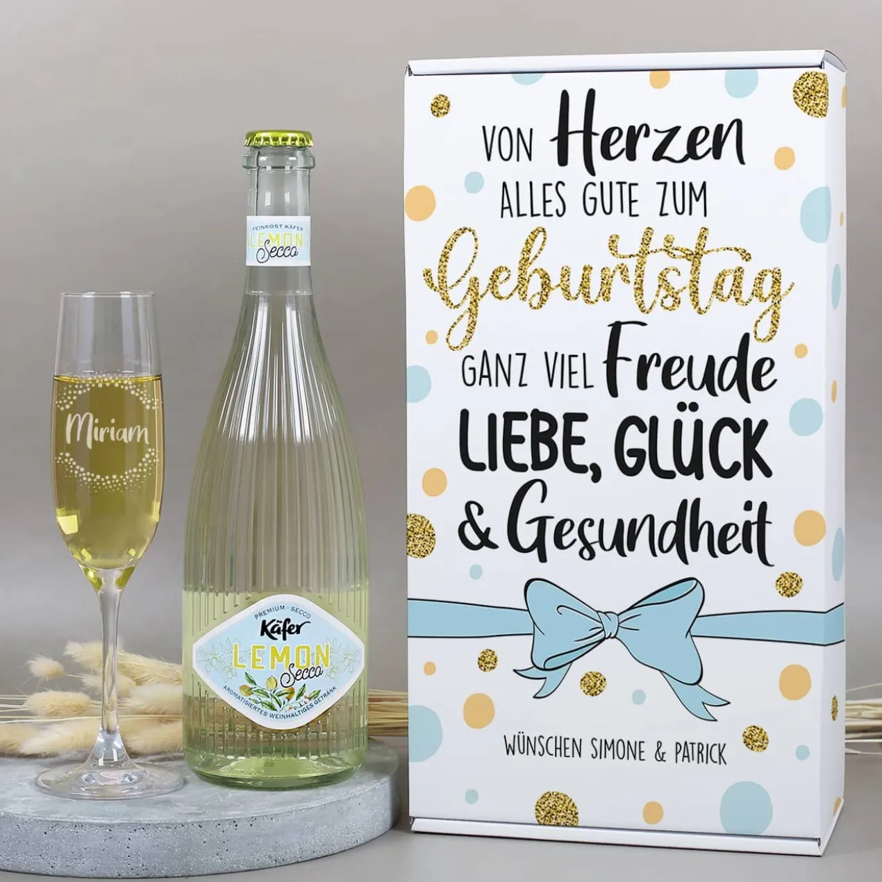 Von Herzen alles Gute - Geschenkset zum Geburtstag mit Sektglas und Secco