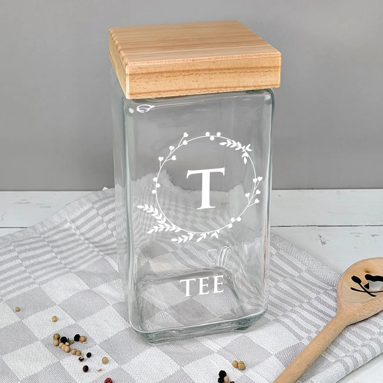 Vorratsdose mit Bambusdeckel personalisiert mit Initiale und Wunschtext | Keksdose