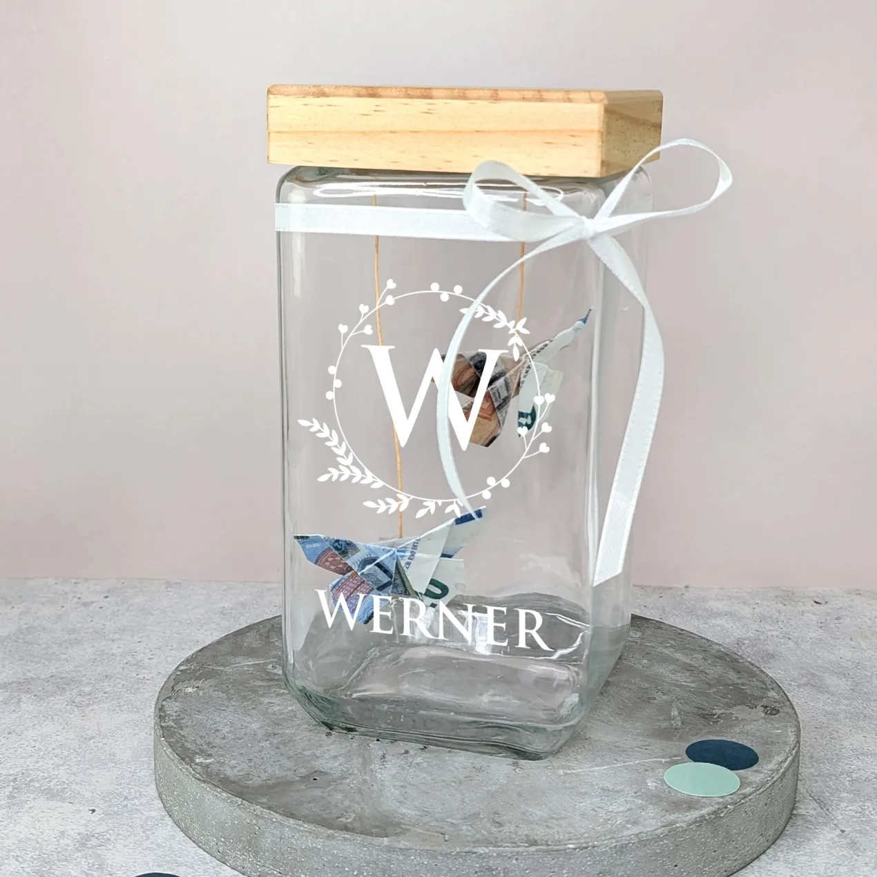 Vorratsdose mit Bambusdeckel personalisiert mit Initiale und Wunschtext | Keksdose
