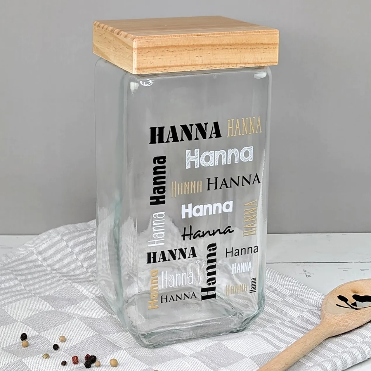 Vorratsglas mit Bambusdeckel & Name personalisiert als Geldgeschenk | Keksdose für Naschkatzen
