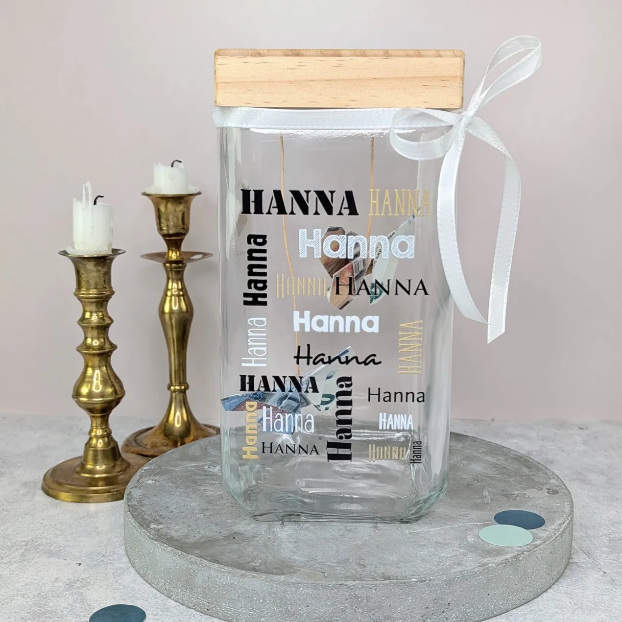 Vorratsglas mit Bambusdeckel & Name personalisiert als Geldgeschenk | Keksdose für Naschkatzen