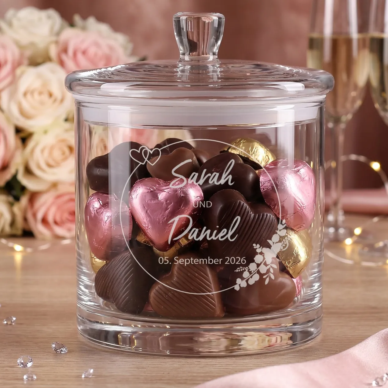Vorratsglas mit Gravur zur Hochzeit | Personalisiertes Hochzeitsgeschenk Glasdose mit Deckel