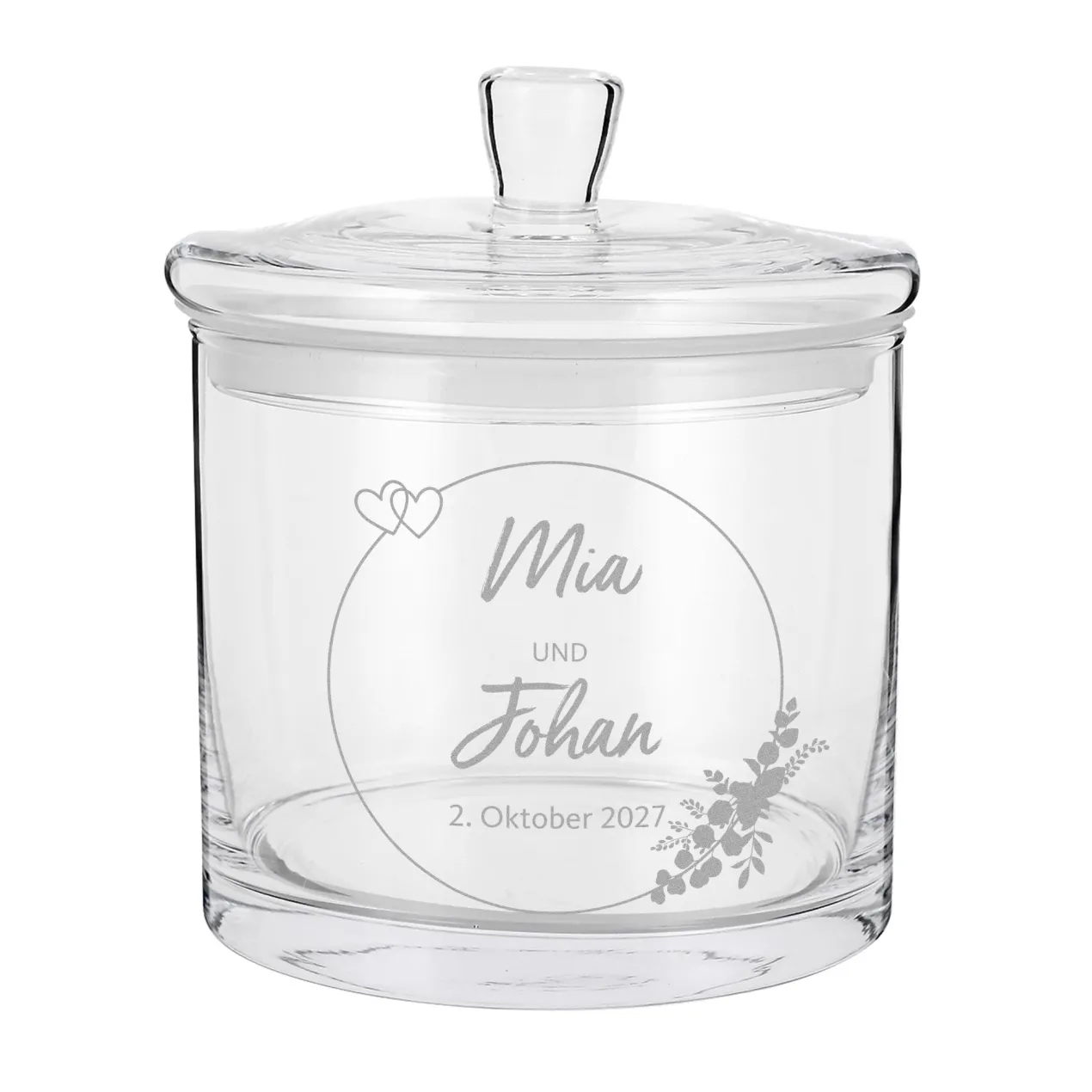 Vorratsglas mit Gravur zur Hochzeit | Personalisiertes Hochzeitsgeschenk Glasdose mit Deckel