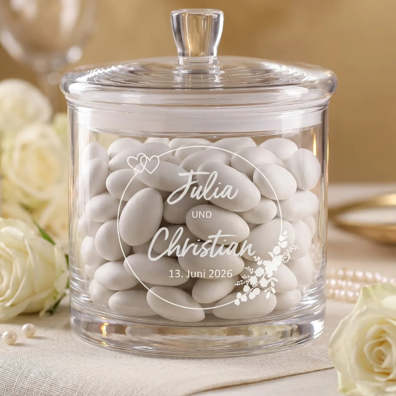Vorratsglas mit Gravur zur Hochzeit | Personalisiertes Hochzeitsgeschenk Glasdose mit Deckel