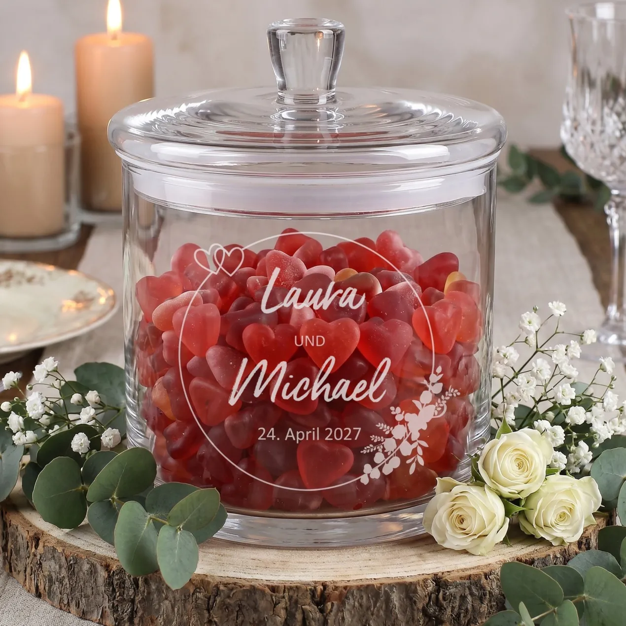 Vorratsglas mit Gravur zur Hochzeit | Personalisiertes Hochzeitsgeschenk Glasdose mit Deckel